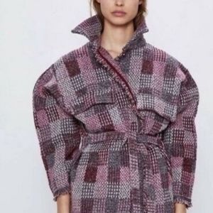 Zara Pink Check Plaid Knit Overshirt Jacket Belted Frayed Trim Size Medium